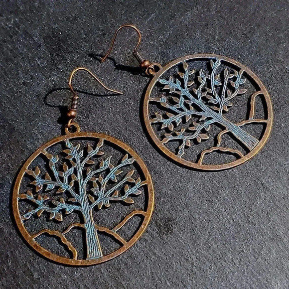 Antique Copper Verdigris Blue Green Patina Open Tree of Life Earrings - Picture 1 of 7